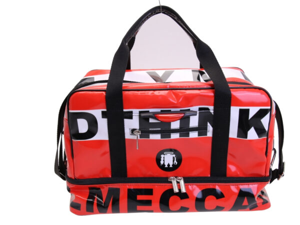RED HAND LUGGAGE BAG 40 X 20 X 25 CM. MODEL FLYME MADE OF LORRY TARPAULIN.