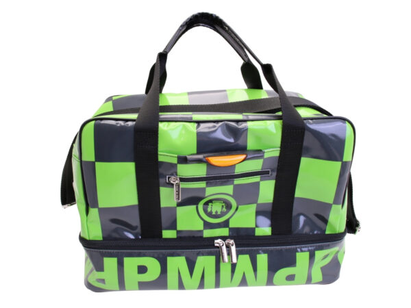 BLACK AND GREEN HAND LUGGAGE BAG 40 X 20 X 25 CM. MODEL FLYME MADE OF LORRY TARPAULIN.