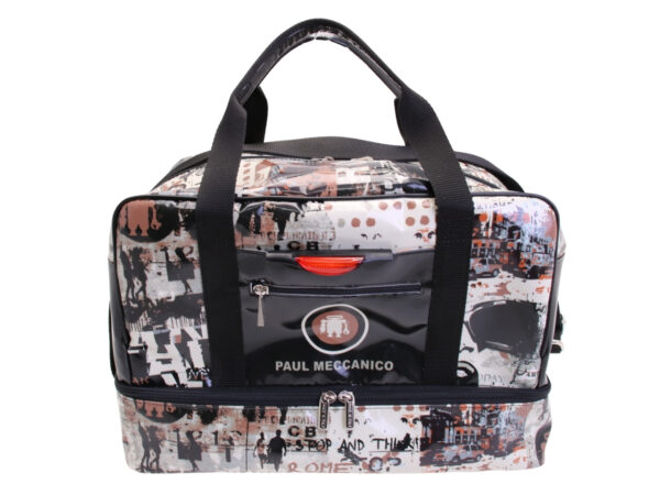 BLACK AND BEIGE HAND LUGGAGE BAG WITH "GRAFFITI STYLE" 40 X 20 X 25 CM. MODEL FLYME MADE OF LORRY TARPAULIN.