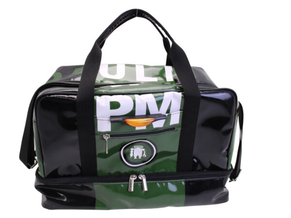 BLACK AND DARK GREEN HAND LUGGAGE BAG 40 X 20 X 25 CM. MODEL FLYME MADE OF LORRY TARPAULIN.