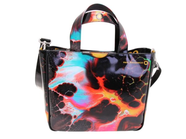 BLACK TOTE BAG WITH TIE DYE FANTASY. MODEL GLAM MADE OF LORRY TARPAULIN.