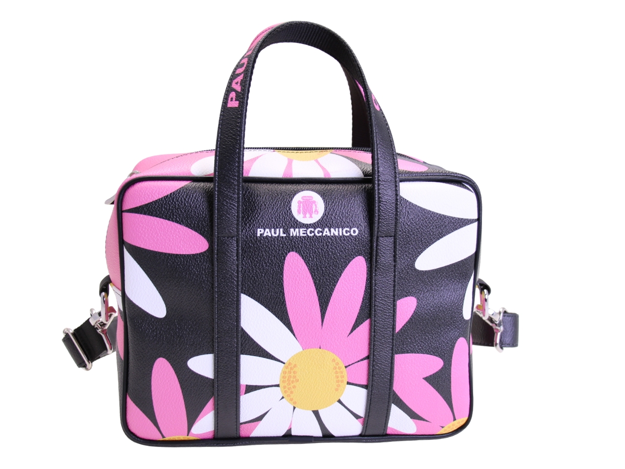 BORSA DA DONNA RETTANGOLARE NERA CON FANTASIA FLOREALE. MODELLO PINCA IN PELLE SINTETICA MARTELLATA.