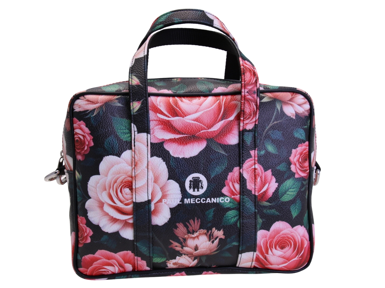 BORSA DA DONNA RETTANGOLARE NERA CON FANTASIA FLOREALE. MODELLO PINCA IN PELLE SINTETICA MARTELLATA.