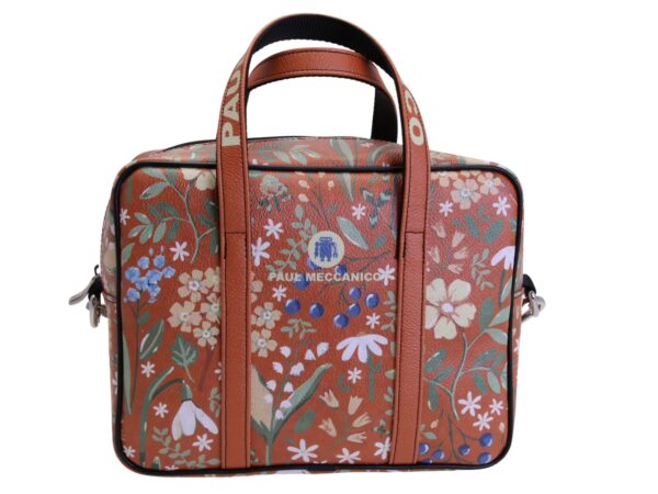 BROWN RECTANGULAR WOMEN'S BAG WITH FLORAL FANTASY. MODEL PINCA MADE OF HAMMERED SYNTHETIC LEATHER.