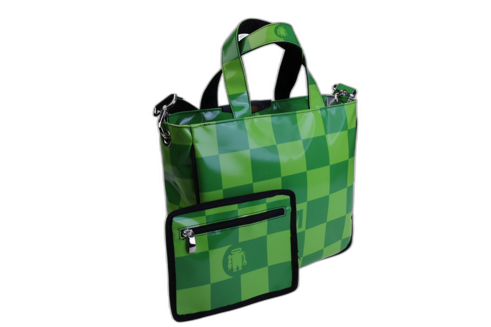 ..TOTE VERDE CON FANTASIA A SCACCHI. MODELLO GLAM REALIZZATO CON TELONI DI CAMION.