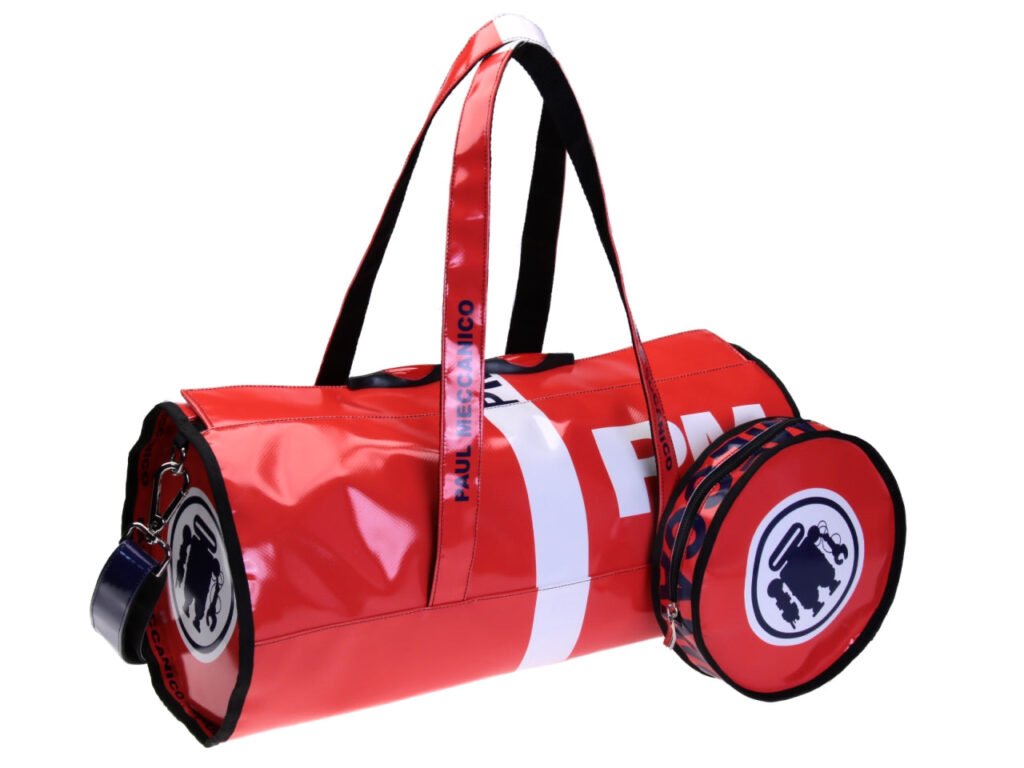 BORSA SPORTIVA ARANCIONE. MODELLO AVVOLGIBILE REALIZZATO CON TELONE DA CAMION.