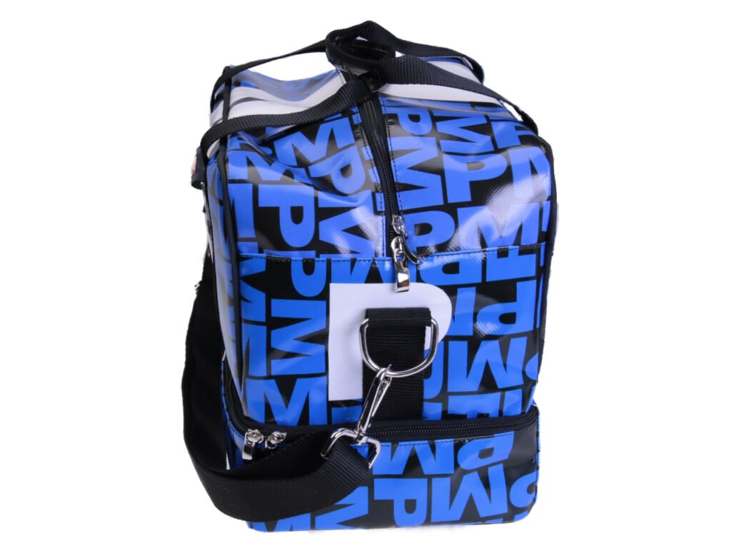 HAND LUGGAGE BAG BLACK, BLUE AND WHITE 40 X 20 X 25 CM. MODEL FLYME MADE OF LORRY TARPAULIN.