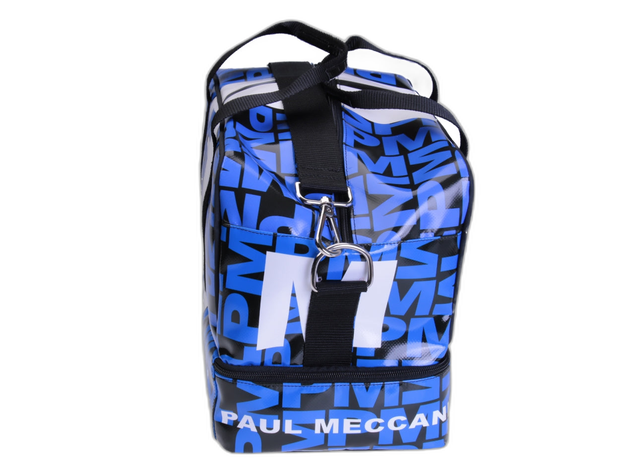 HAND LUGGAGE BAG BLACK, BLUE AND WHITE 40 X 20 X 25 CM. MODEL FLYME MADE OF LORRY TARPAULIN.