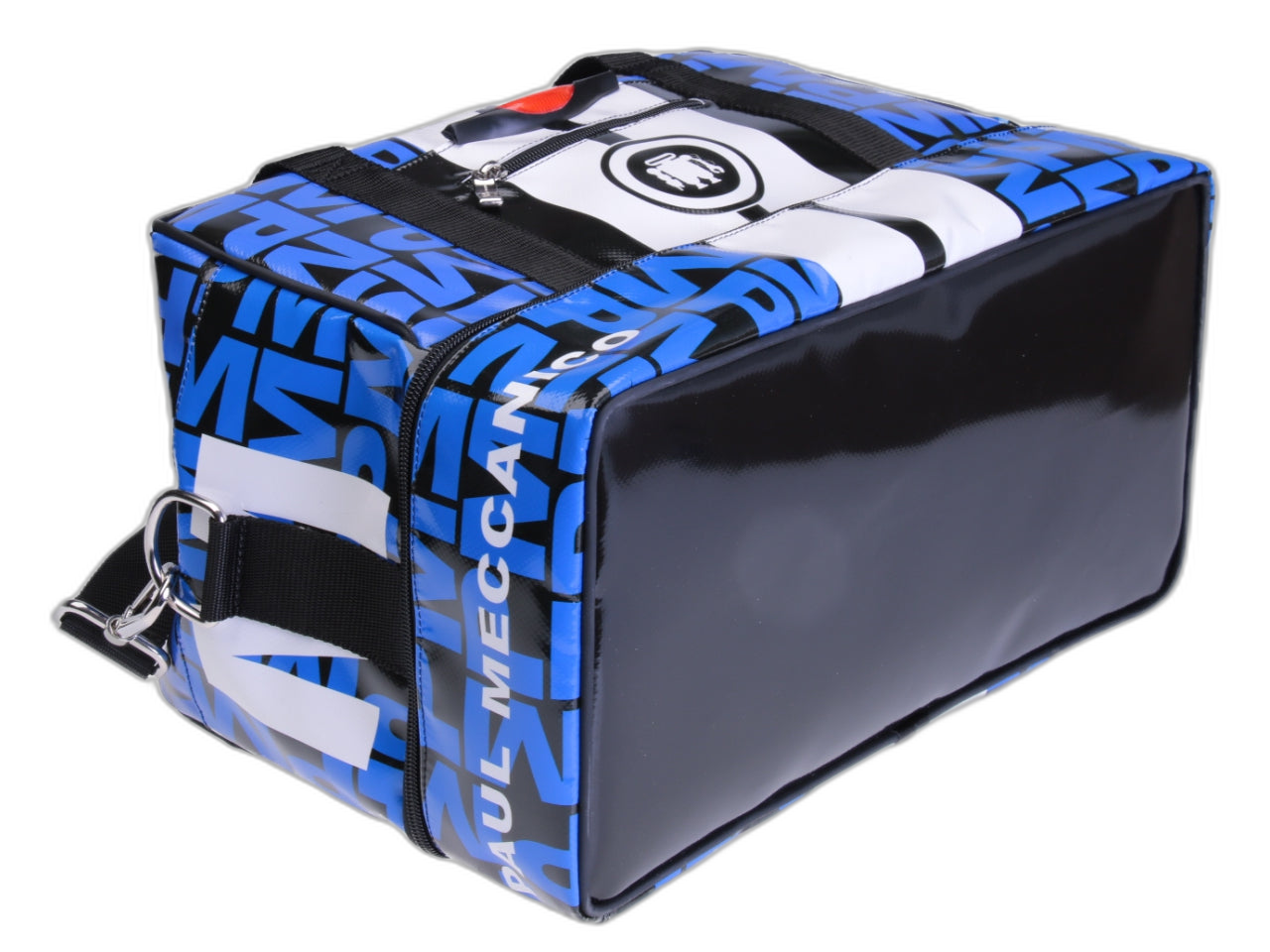 HAND LUGGAGE BAG BLACK, BLUE AND WHITE 40 X 20 X 25 CM. MODEL FLYME MADE OF LORRY TARPAULIN.