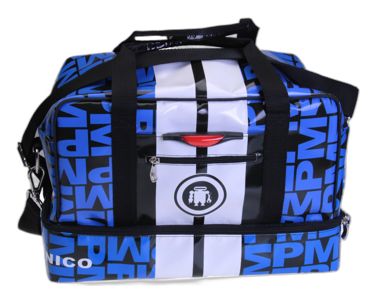 BORSA PER BAGAGLI A MANO NERA, BLU E BIANCA 40 X 20 X 25 CM. MODELLO FLYME IN TELONE DA CAMION.