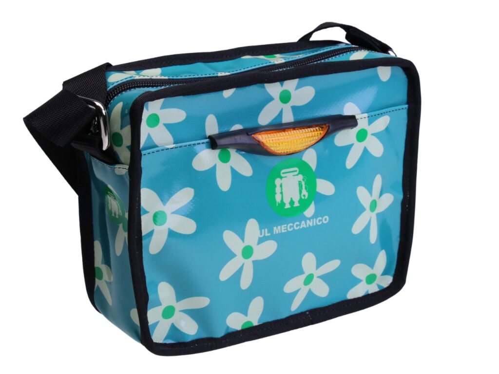 ..BORSA A TRACOLLA GENDERLESS VERDE ACQUA CON FANTASIA FLOREALE. MODELLO FRIK REALIZZATO CON TELONI DI CAMION.