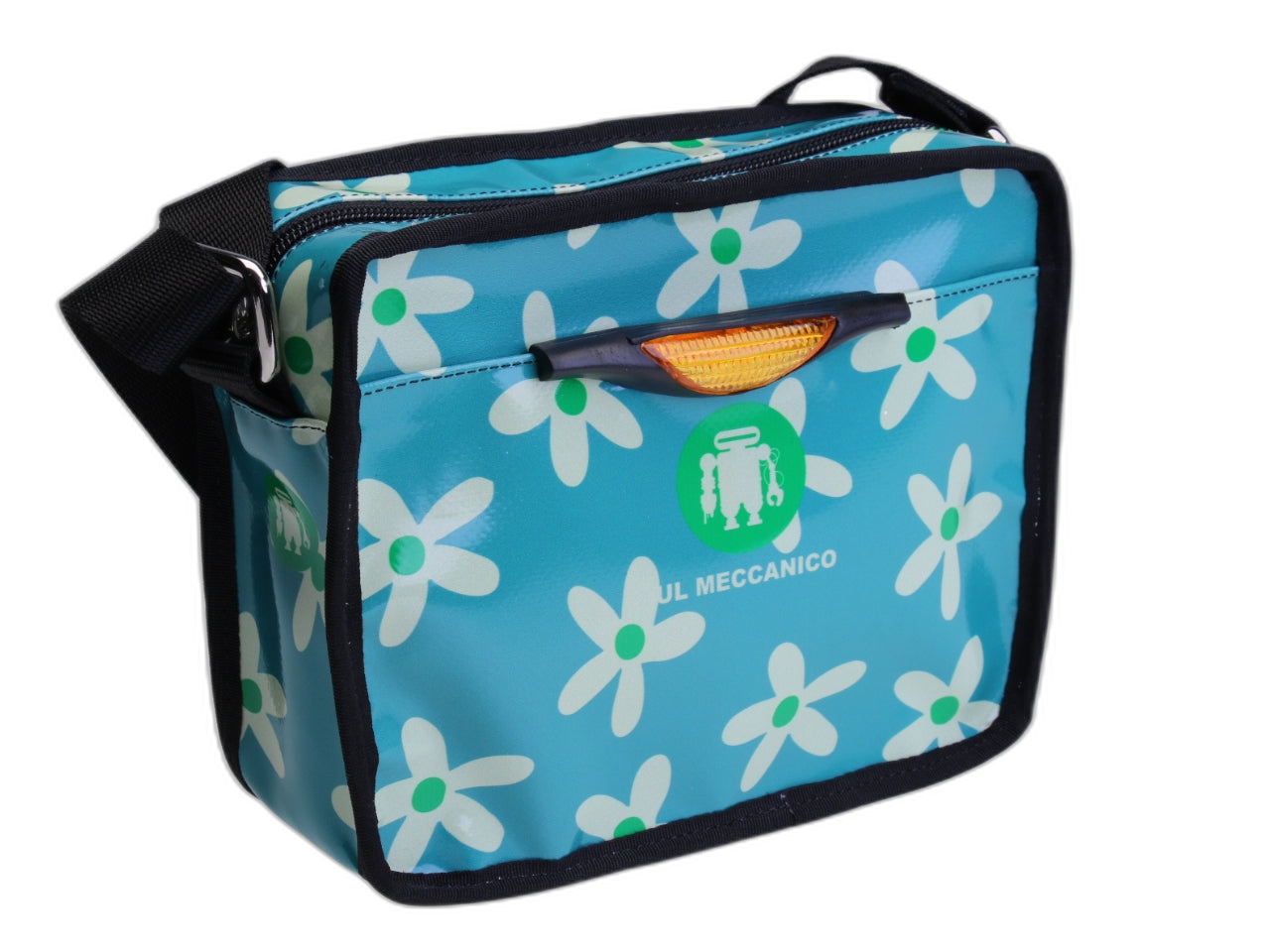 ..BORSA A TRACOLLA GENDERLESS VERDE ACQUA CON FANTASIA FLOREALE. MODELLO FRIK REALIZZATO CON TELONI DI CAMION.