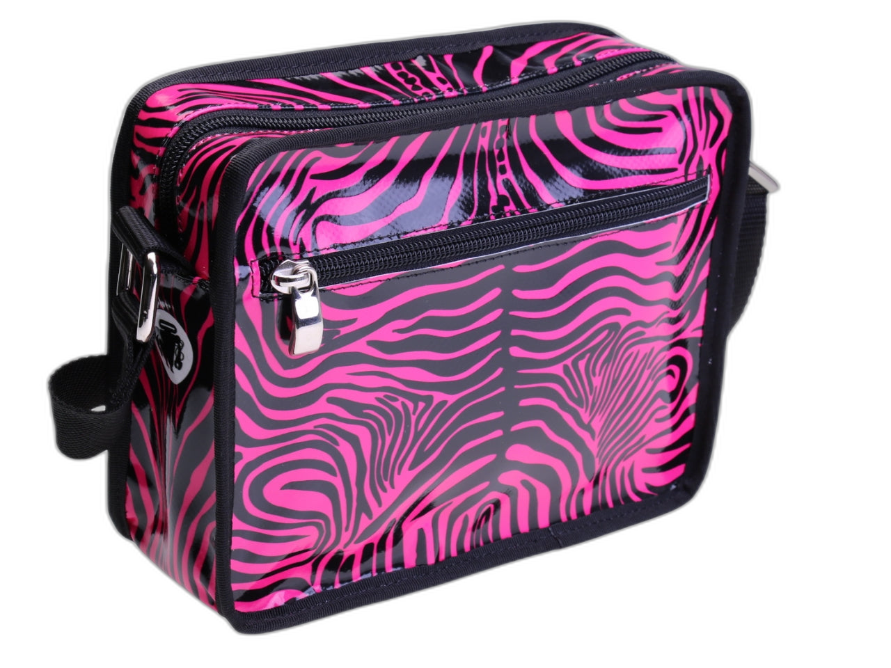 BORSA A TRACOLLA NERA E FUXIA CON FANTASIA ANIMALIER. MODELLO FRIK REALIZZATO CON TELONI DI CAMION.