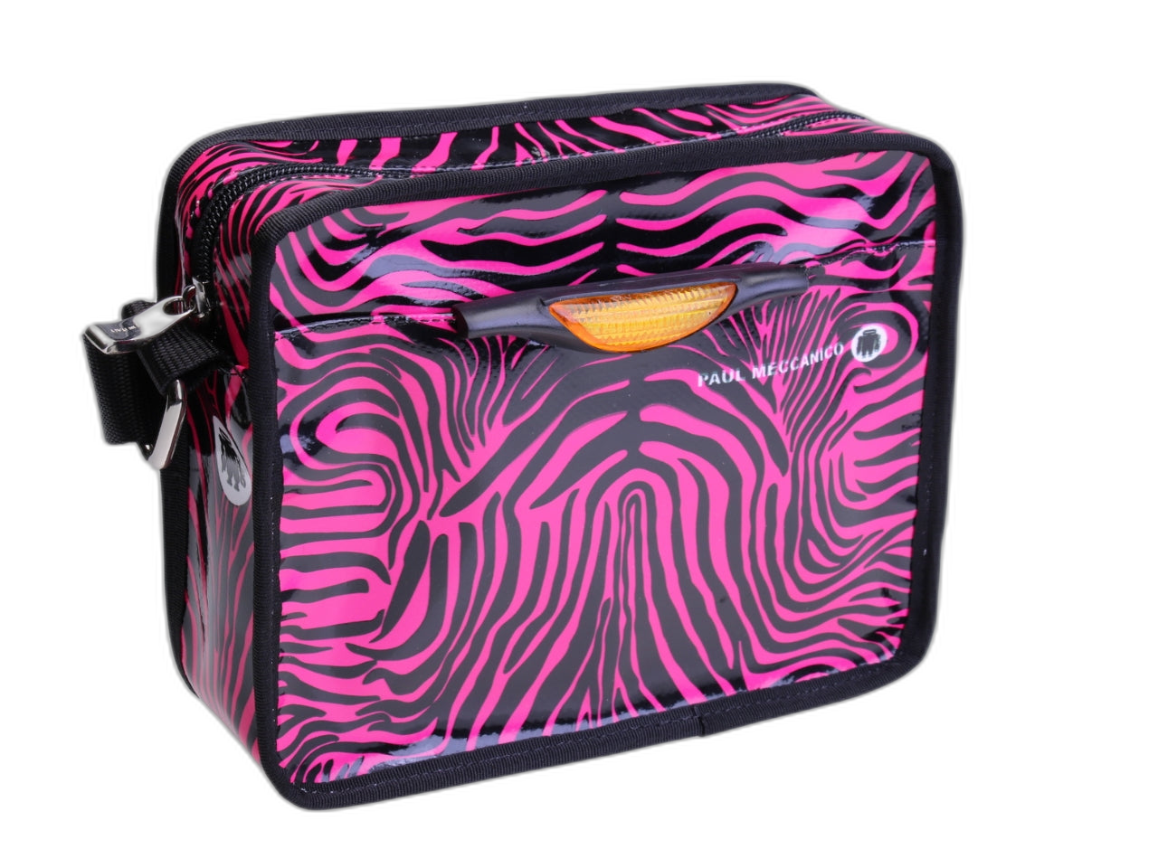 BORSA A TRACOLLA NERA E FUXIA CON FANTASIA ANIMALIER. MODELLO FRIK REALIZZATO CON TELONI DI CAMION.