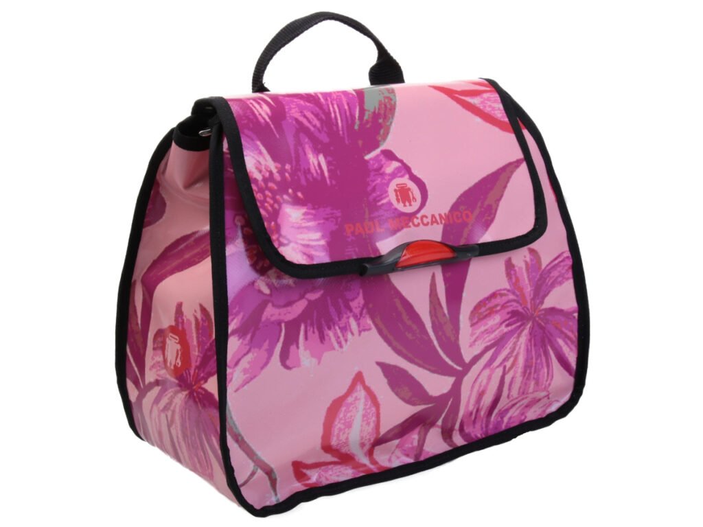 BORSA DA DONNA ROSA CON FANTASIA FLOREALE. MODELLO IN POLPA DI CELLULOSA REALIZZATO CON TELONI DI CAMION.