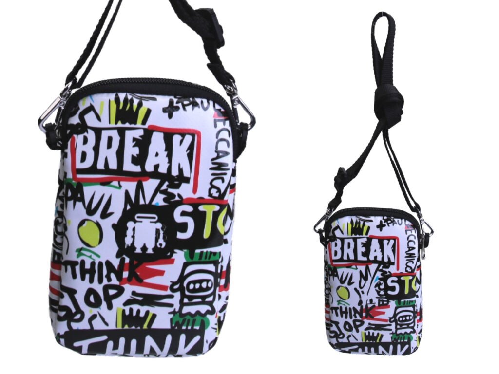 BORSA PER CELLULARE IN BIANCO E NERO "FERMATI E PENSA".