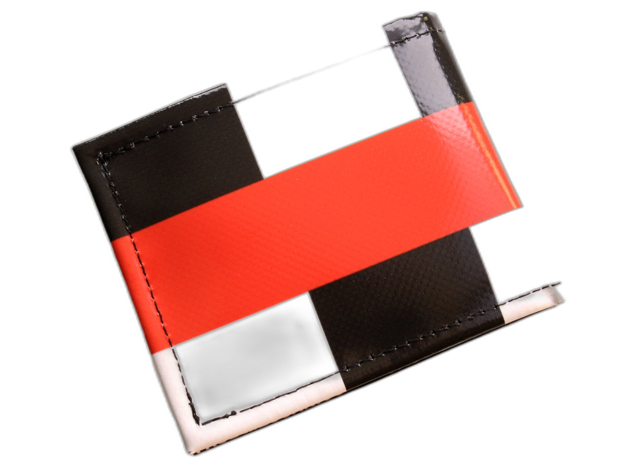 PORTAFOGLIO DA UOMO NERO, BIANCO E ROSSO. MODELLO CRIK REALIZZATO CON TELONE DA CAMION.