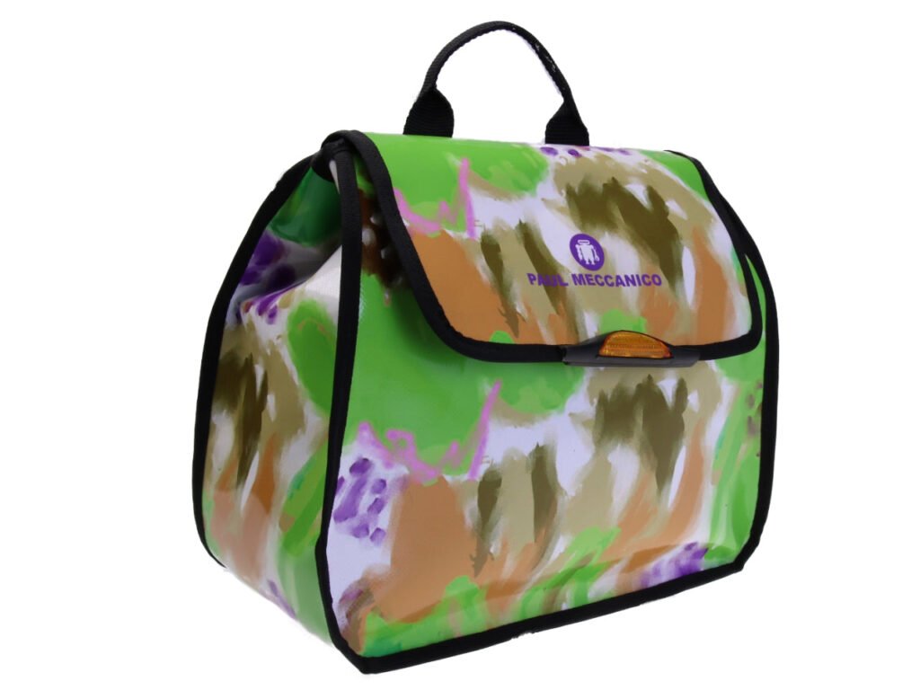 BORSA DA DONNA "BACK BAG" AD ACQUERELLO CON FANTASIA FLOREALE. MODELLO IN POLPA DI CELLULOSA REALIZZATO CON TELONI DI CAMION.