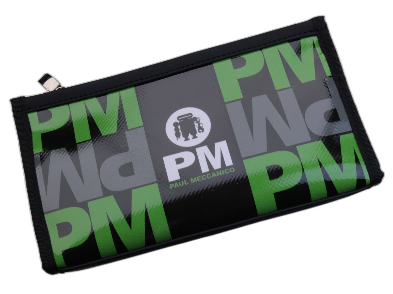 PORTAFOGLIO GRANDE DA DONNA NEI COLORI NERO, VERDE E GRIGIO CON SCRITTE FANTASIA. FOSSA MODELLO REALIZZATA CON TELONI DI CAMION. - Edizione limitata Paul Meccanico