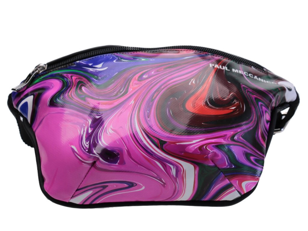 BORSA A VITA ROSA CON FANTASIA TIE DYE. MODELLO FLEX REALIZZATO CON TELONI DI CAMION. - Edizione limitata Paul Meccanico