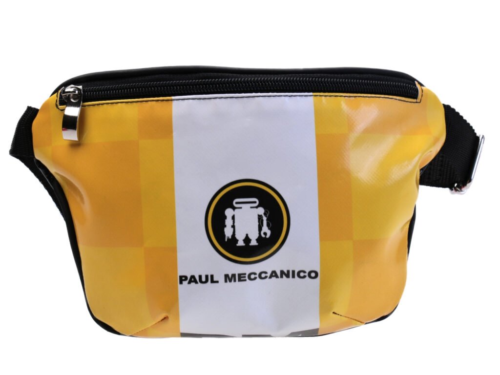 BORSA A TRACOLLA GIALLA E BIANCA. MODELLO FLEX REALIZZATO CON TELONE DA CAMION. - Edizione limitata Paul Meccanico