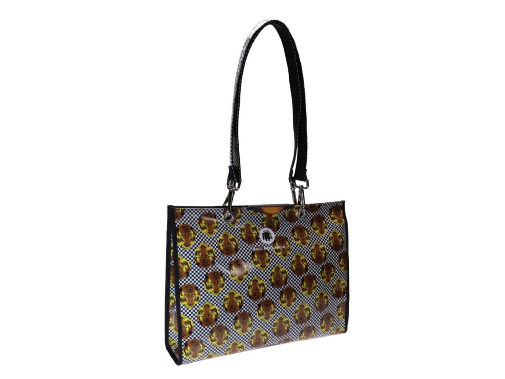 SHOPPER IN BIANCO E NERO CON TIGRI. MODELLO PEPE REALIZZATO CON TELONI DI CAMION. - Pezzi unici Paul Meccanico