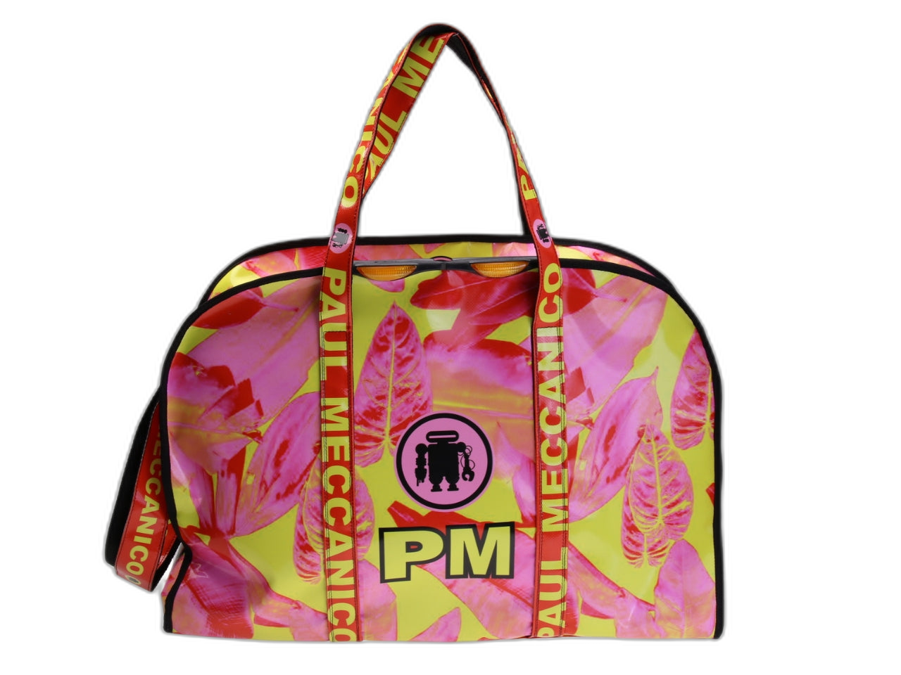 ...BORSA GRANDE DA VIAGGIO O SPORTIVA ROSA E GIALLA CON FANTASIA FLOREALE. MODELLO RAID IN TELONE DA CAMION.