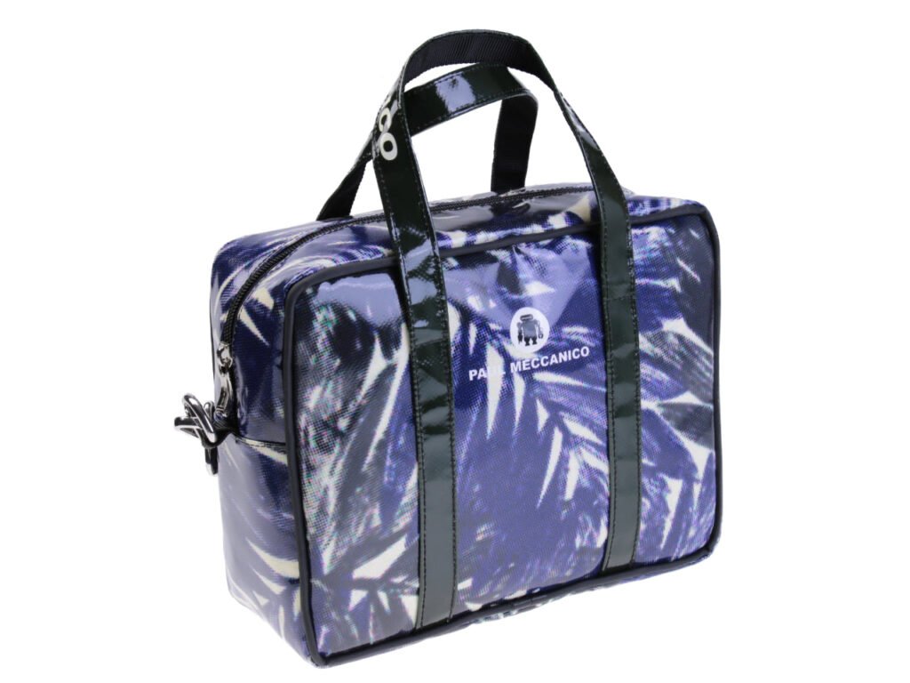 BORSA DA DONNA RETTANGOLARE VIOLA CON FANTASIA FLOREALE. MODELLO PINCA IN TELONE DA CAMION.