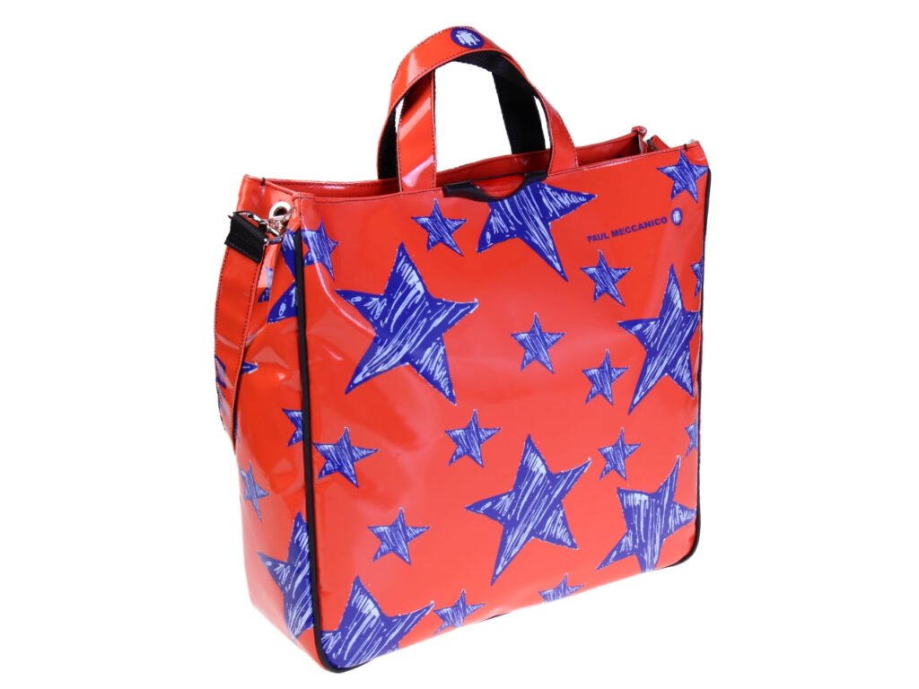 MAXI TOTE BAG ARANCIONE "STARS". MODELLO DI TRAMPOLINO DI LANCIO REALIZZATO CON TELONI DI CAMION.