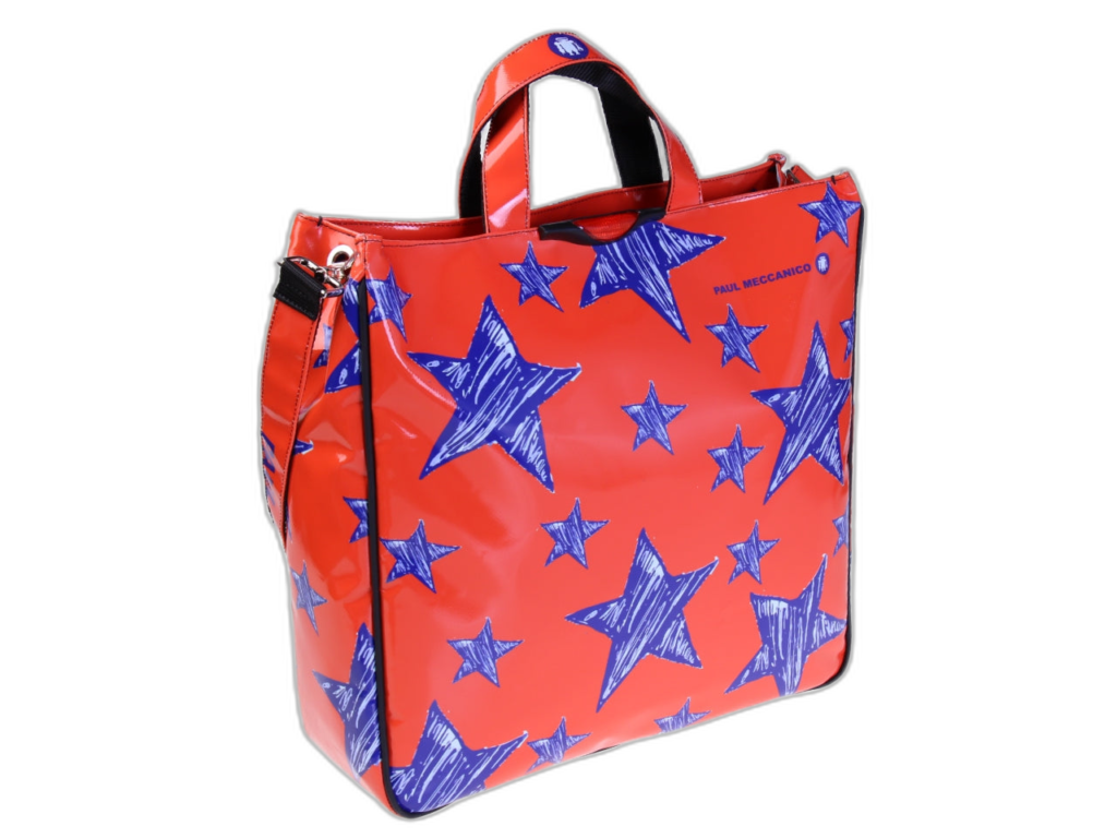 MAXI TOTE BAG ARANCIONE "STARS". MODELLO DI TRAMPOLINO DI LANCIO REALIZZATO CON TELONI DI CAMION.