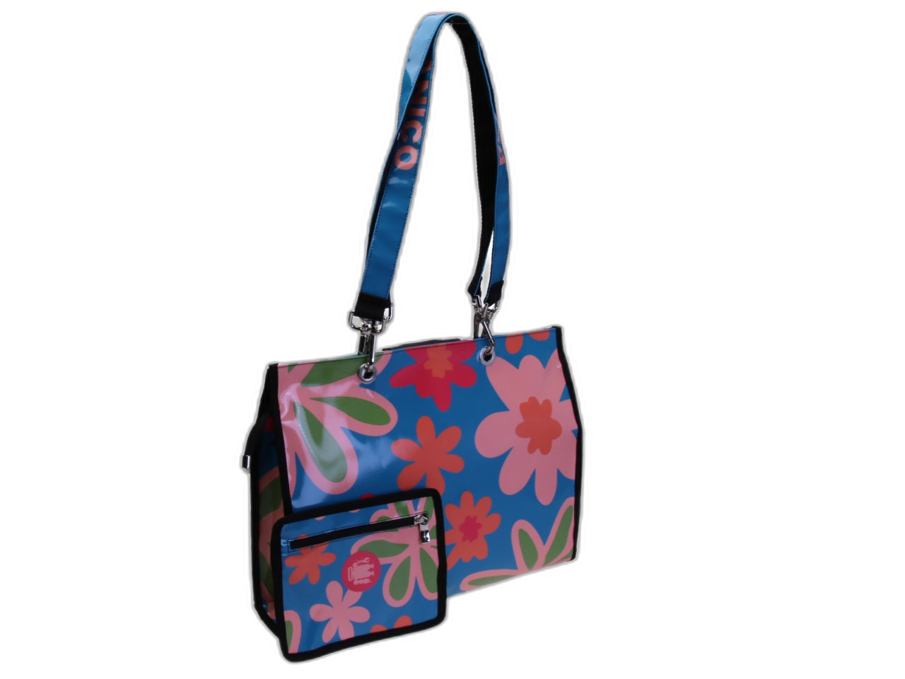 BORSA SHOPPER AZZURRA CON FANTASIA FLOREALE. MODELLO PEPE REALIZZATO CON TELONI DI CAMION.