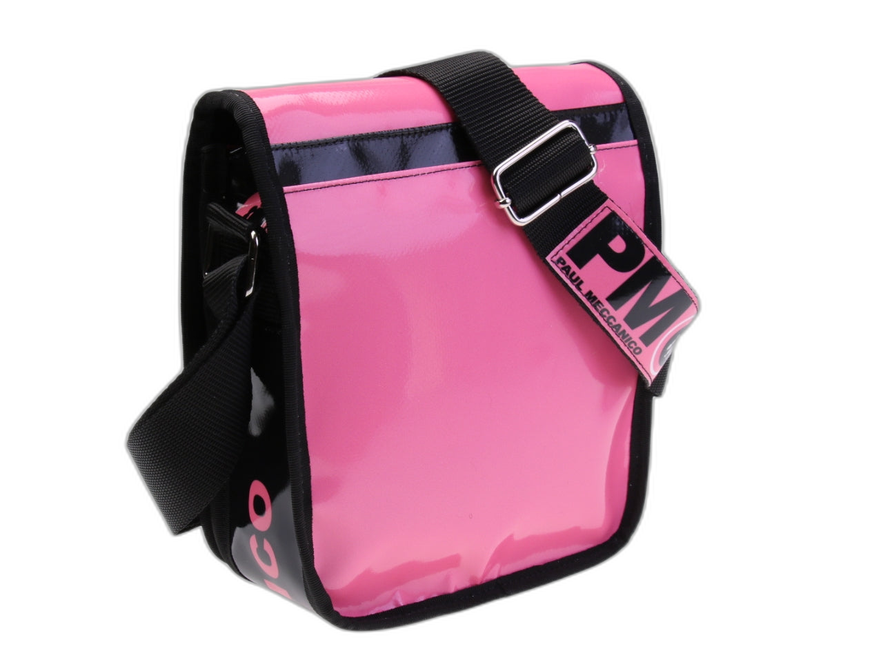 BORSA CROSSBODY NEI COLORI ROSA E NERO. MODELLO MIPOK REALIZZATO IN TELONE DA CAMION.