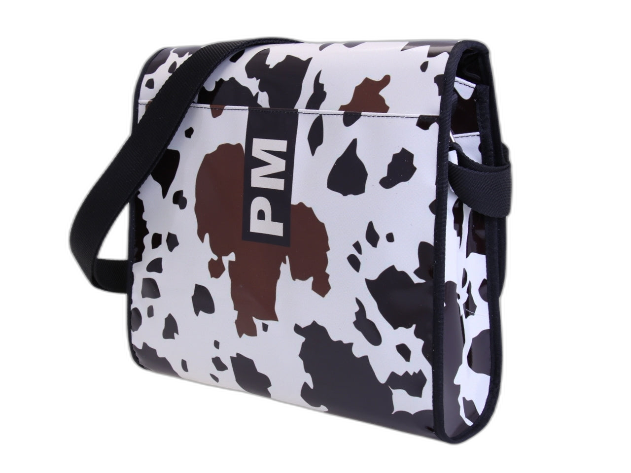 BORSA CROSSBODY IN BIANCO SPORCO CON FANTASIA CAMOUFLAGE. MODELLO DI ROTTURA REALIZZATO CON TELONI DI CAMION.