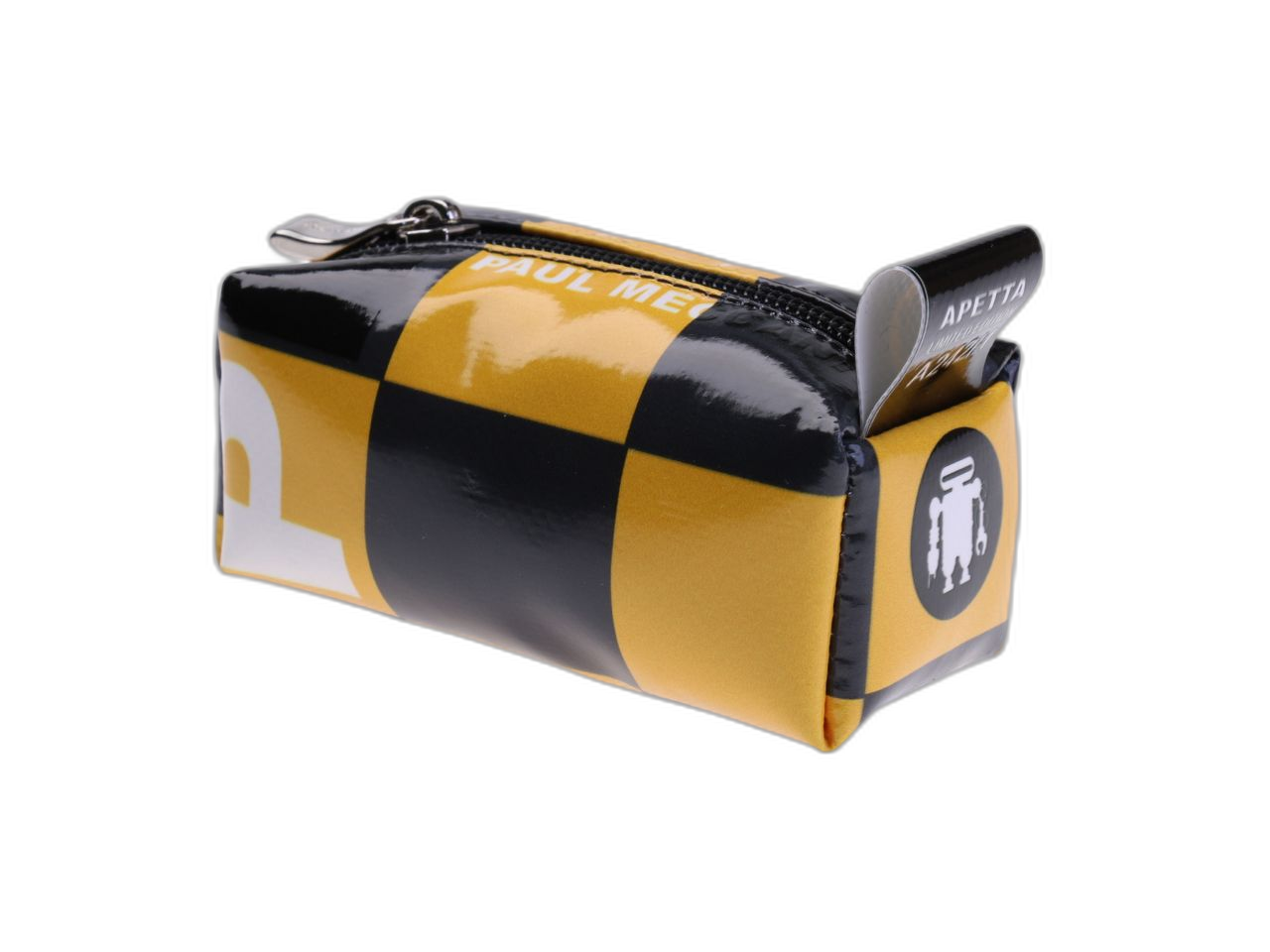 ...PORTACHIAVI A FORMA DI PORTAMATITE NEI COLORI NERO E GIALLO CON FANTASIA A SCACCHI.