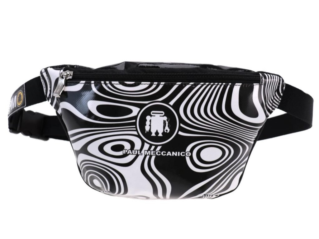 MARSUPIO NERO CON FANTASIA OPTICAL. MODELLO FLEX REALIZZATO CON TELONI DI CAMION. - Edizione limitata Paul Meccanico