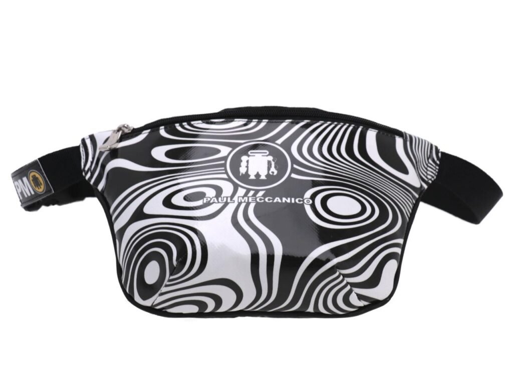 MARSUPIO NERO CON FANTASIA OPTICAL. MODELLO FLEX REALIZZATO CON TELONI DI CAMION. - Edizione limitata Paul Meccanico