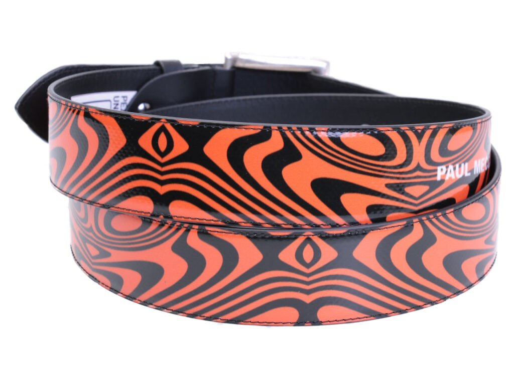 CINTURA DA UOMO ARANCIONE E NERA CON FANTASIA OPTICAL REALIZZATA CON TELONI DI CAMION. - Pezzi unici Paul Meccanico