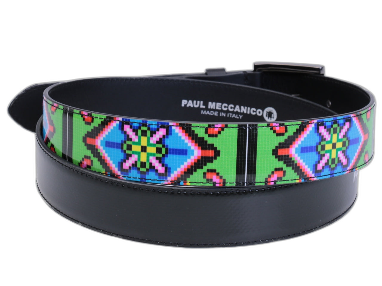 CINTURA DA DONNA NERA E VERDE CON FANTASIA PIXEL REALIZZATA CON TELONI DI CAMION. - Pezzi unici Paul Meccanico