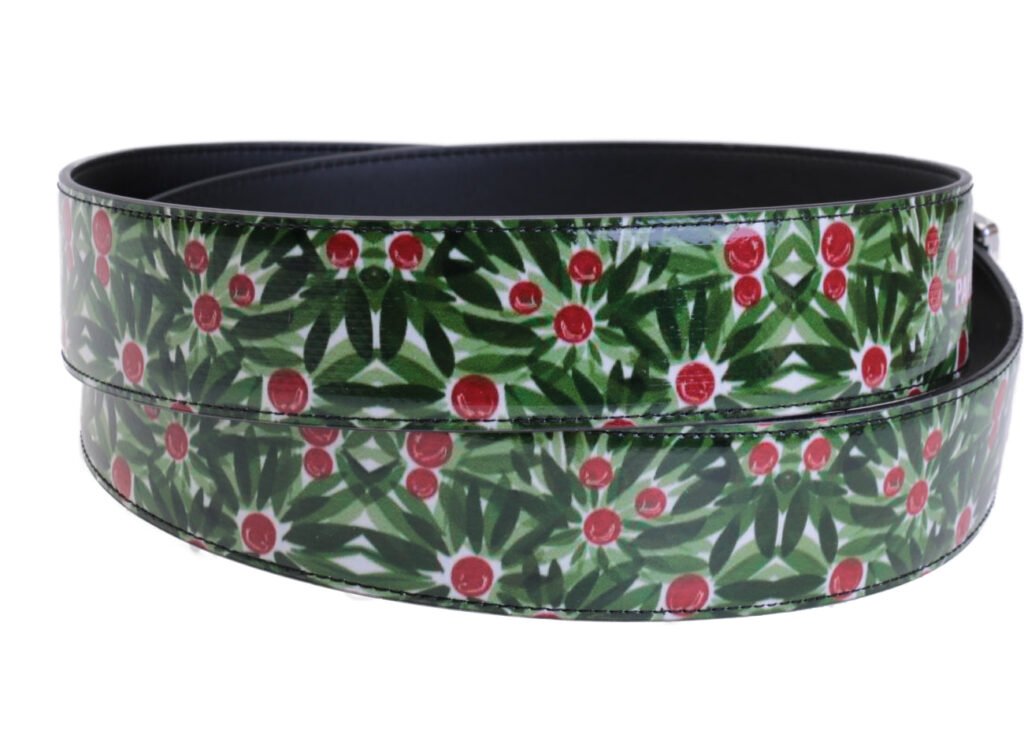 CINTURA DA UOMO VERDE SCURO A FANTASIA FLOREALE REALIZZATA CON TELONI DI CAMION.