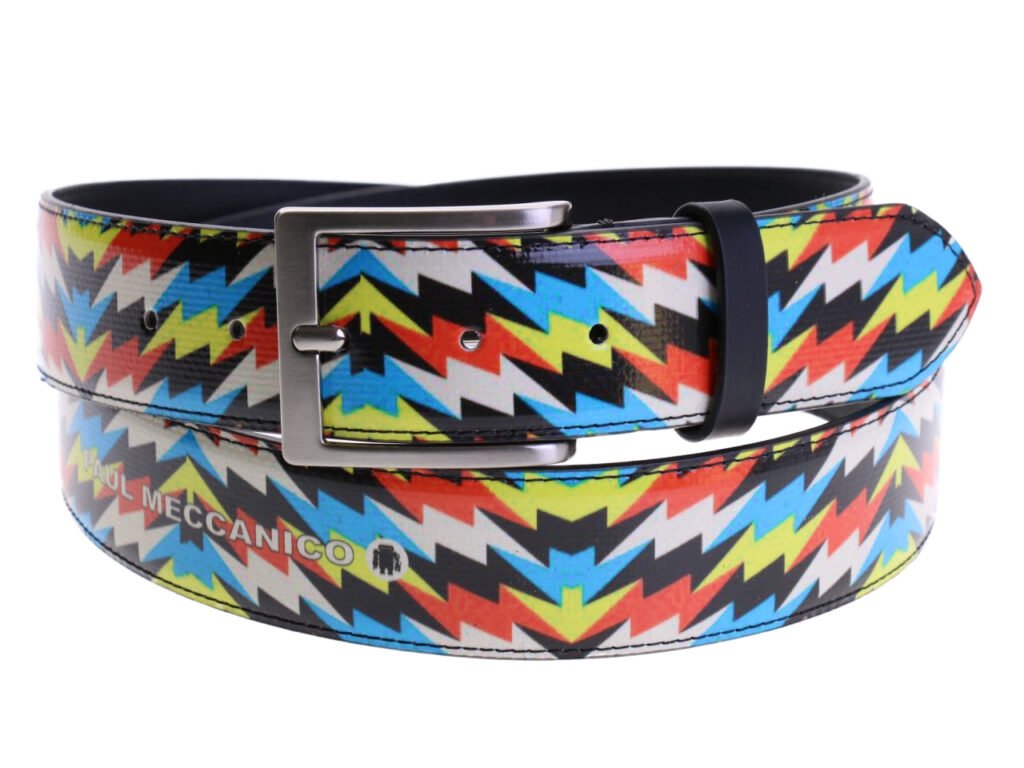 CINTURA DA UOMO MULTICOLORE CON FANTASIA GEOMETRICA REALIZZATA IN TELONE DA CAMION.