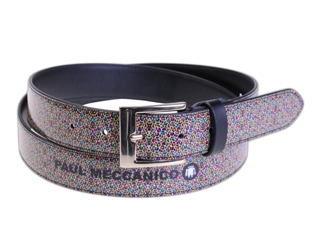.CINTURA DA DONNA MULTICOLORE CON FANTASIA ANIMALIER REALIZZATA IN TELONE DA CAMION.