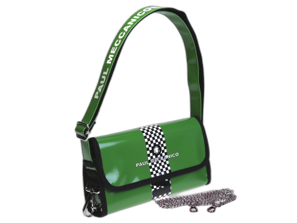 POCHETTE VERDE MELA STILE "GRAND PRIX". MODELLO CANDY REALIZZATO CON TELONI DI CAMION. - Edizione limitata Paul Meccanico