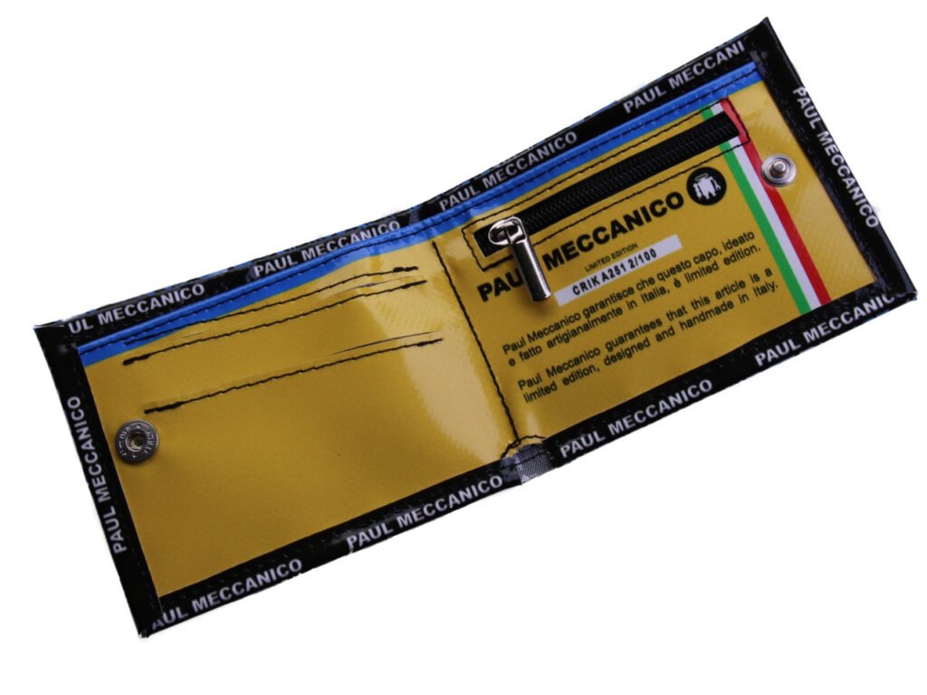 PORTAFOGLIO DA UOMO BLU CON FANTASIA PAISLEY. MODELLO CRIK REALIZZATO CON TELONI DI CAMION.