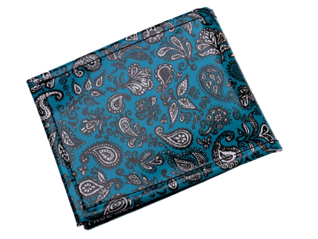 ...PORTAFOGLIO UOMO COLORE TURCHESE FANTASIA PISLEY. MODELLO CRIK REALIZZATO CON TELONI DI CAMION. - Edizione limitata Paul Meccanico