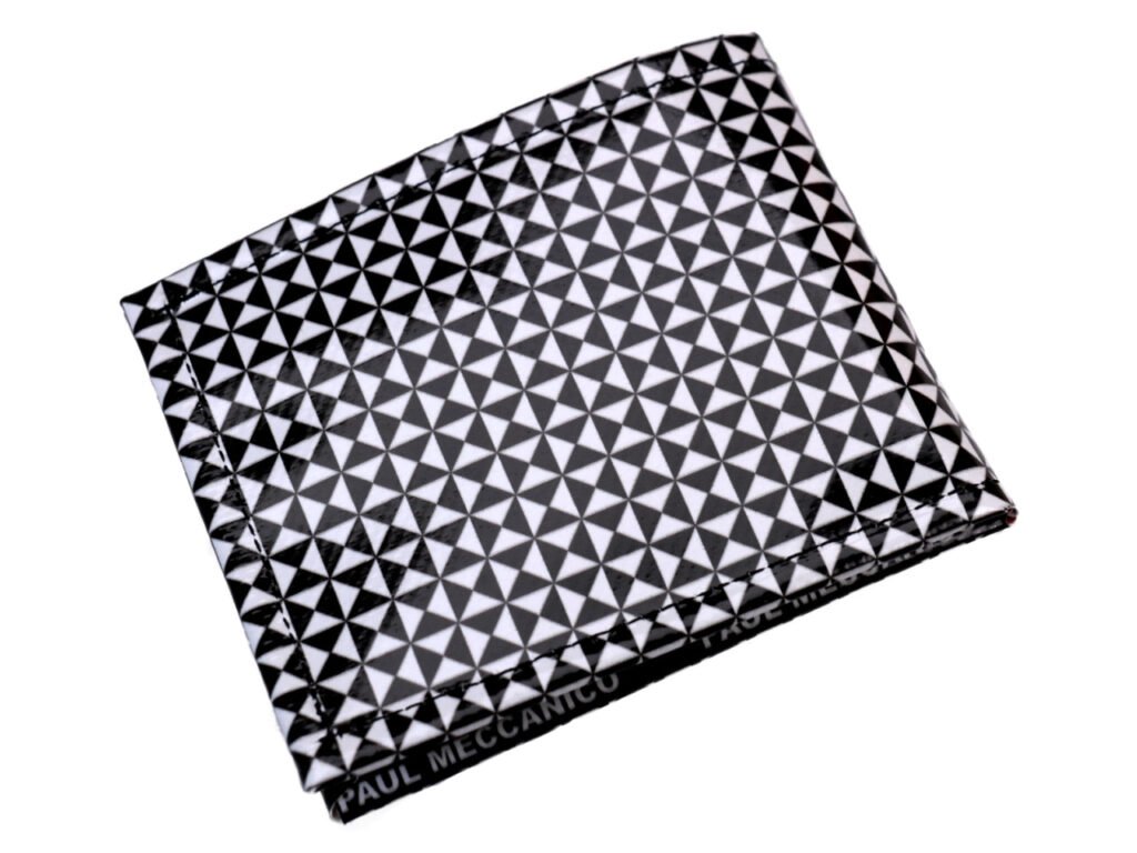 PORTAFOGLIO DA UOMO IN BIANCO E NERO A FANTASIA GEOMETRICA. MODELLO CRIK REALIZZATO CON TELONI DI CAMION. - Edizione limitata Paul Meccanico