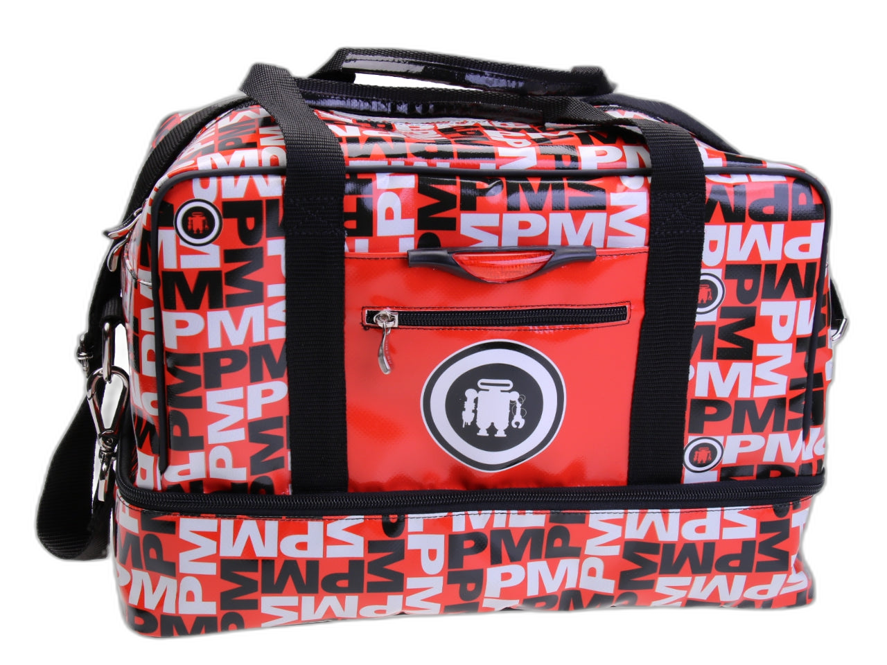 BORSA PER BAGAGLI A MANO ROSSA CON SCRITTE FANTASIA 40 X 20 X 25 CM. MODELLO FLYME REALIZZATO CON TELONE DI CAMION.