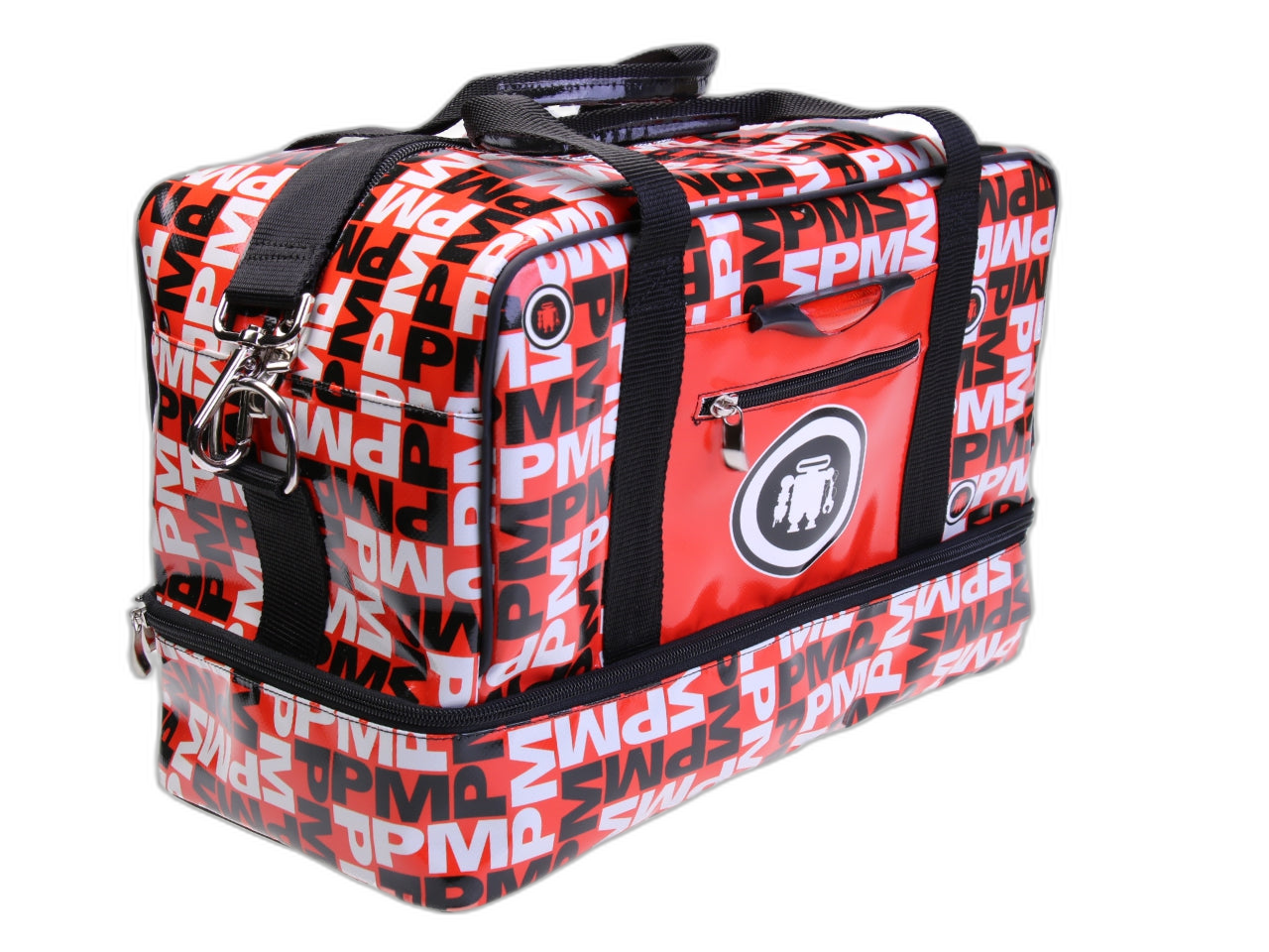 BORSA PER BAGAGLI A MANO ROSSA CON SCRITTE FANTASIA 40 X 20 X 25 CM. MODELLO FLYME REALIZZATO CON TELONE DI CAMION.