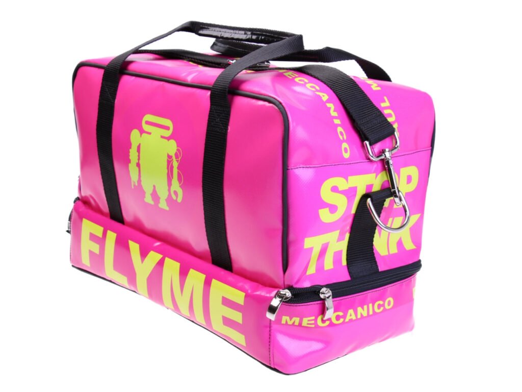 FUCHSIA HAND LUGGAGE BAG 40 X 20 X 25 CM. MODEL FLYME MADE OF LORRY TARPAULIN.