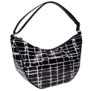 BORSA A MEZZALUNA FANTASIA IN BIANCO E NERO. MODELLO SPACCATO REALIZZATO CON TELONI DI CAMION. - Edizione limitata Paul Meccanico