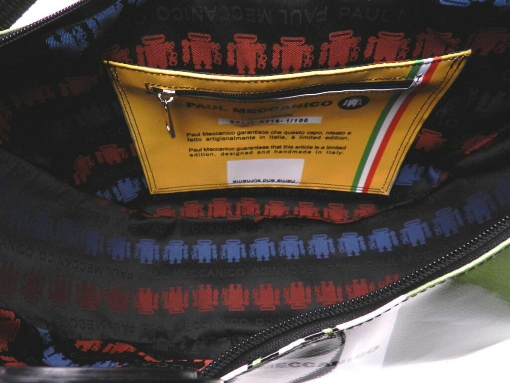 HALF-MOON BAG BLACK AND WHITE FANTASY. SPLIT MODEL MADE OF LORRY TARPAULIN. - Limited Edition Paul Meccanico